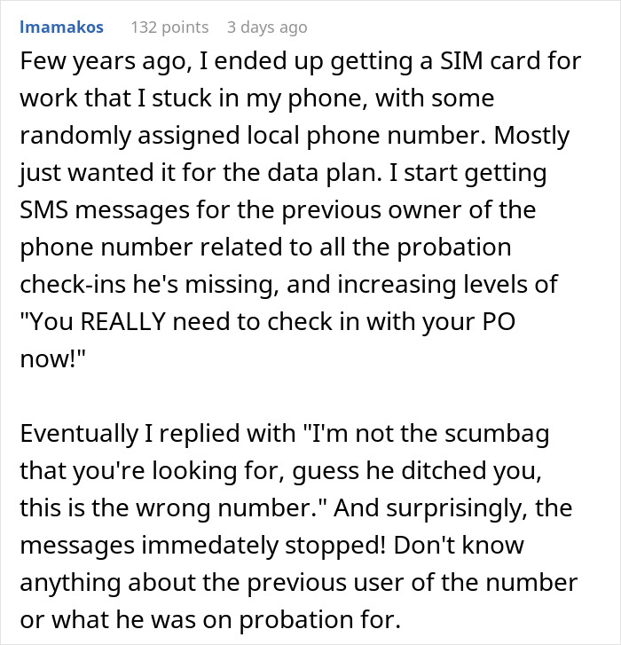 Text describing receiving wrong SMS meant for a probation check-in, reply halts messages, theme: spam calls from realtors.