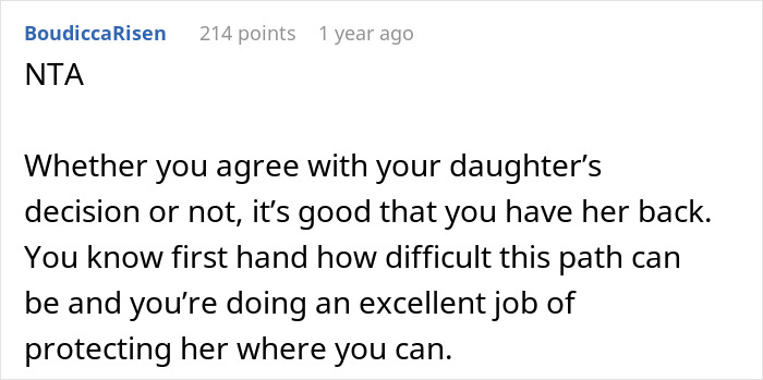 Reddit comment supporting a mom defending her daughter's decision against the grandmother.