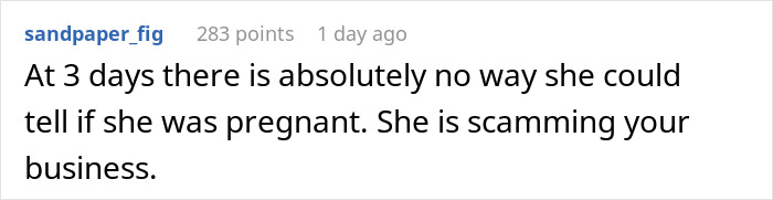 Screenshot of a Reddit comment discussing pregnancy and alleged scamming related to bereavement and miscarriage.