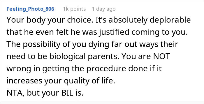 Comment discussing a woman's right to choose a hysterectomy over being a surrogate.