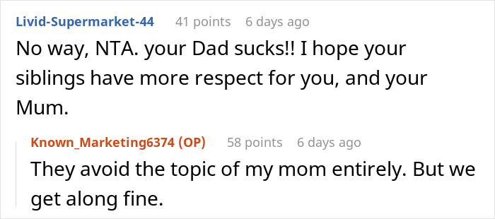 Reddit conversation discussing dad grief, children, and family respect issues.