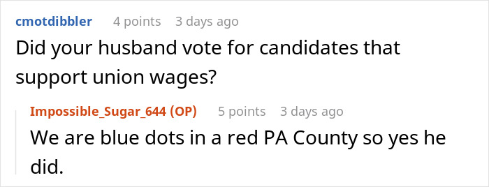 Text exchange discussing union wages and voting in PA County.