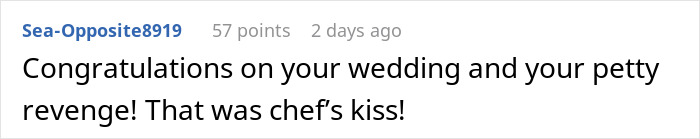 Reddit comment on a wedding post, highlighting a stepmom’s plans being thwarted, praised as "chef's kiss".