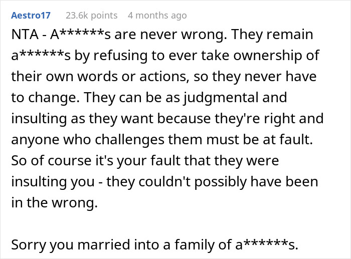 Comment discussing a Canadian woman's frustration with her husband's family.