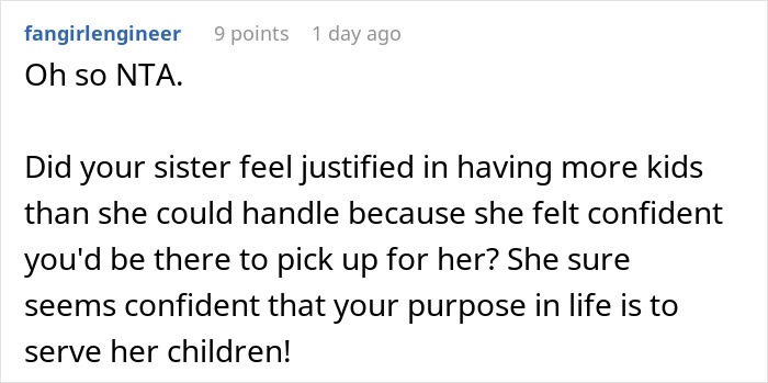 Reddit comment discussing a woman's refusal to babysit her sister's kids.