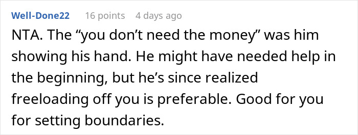 Reddit comment discussing woman charging brother rent and family reactions, supporting her decision to set boundaries.