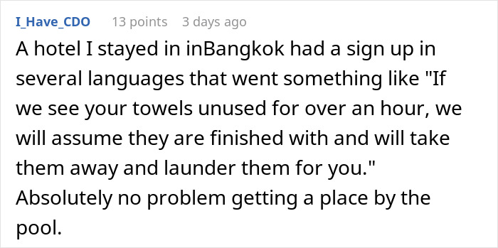 Text of a person's experience with a hotel's towel policy for selfish guests at a resort.