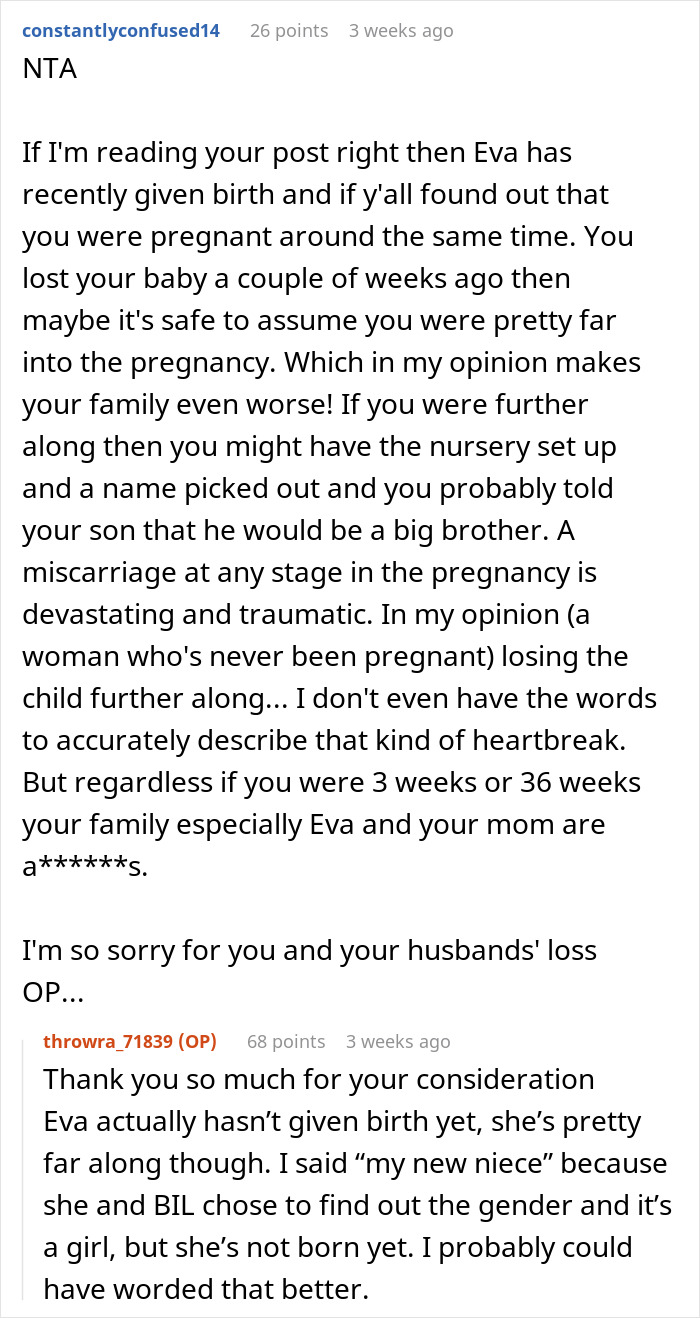 Reddit comments discussing a mean comment related to a miscarriage, causing emotional distress.