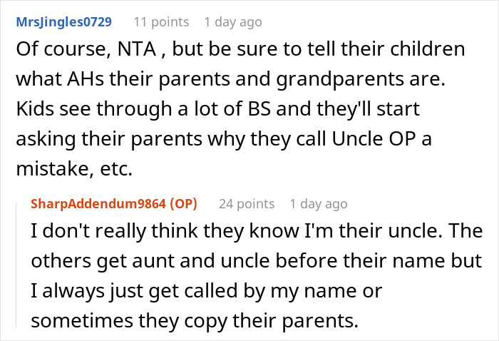 Reddit comments discussing family dynamics and babysitting responsibilities with emphasis on parents' mistakes.