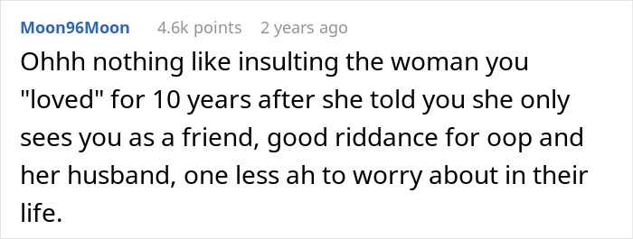 Reddit comment criticizing a love confession to a bride from her male friend, calling it insulting.