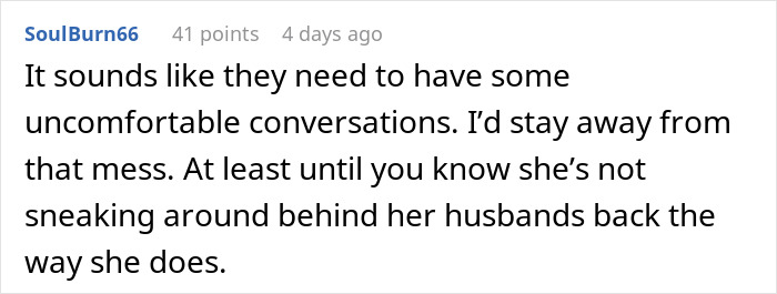 Reddit comment discussing uncomfortable conversations and a wife's affair.