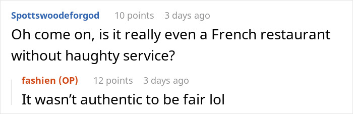 Reddit comments discussing service at a French restaurant with humor.