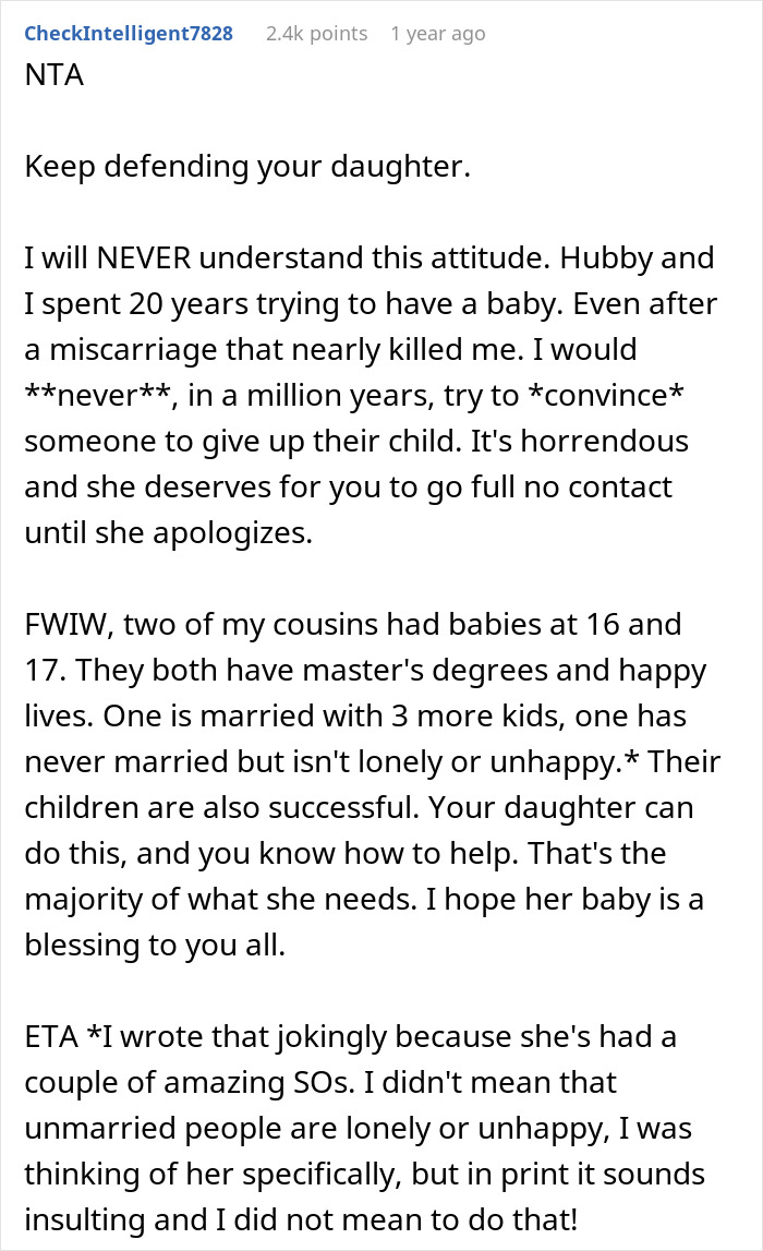 Reddit post defending a daughter against a grandmother wanting to take away her baby.