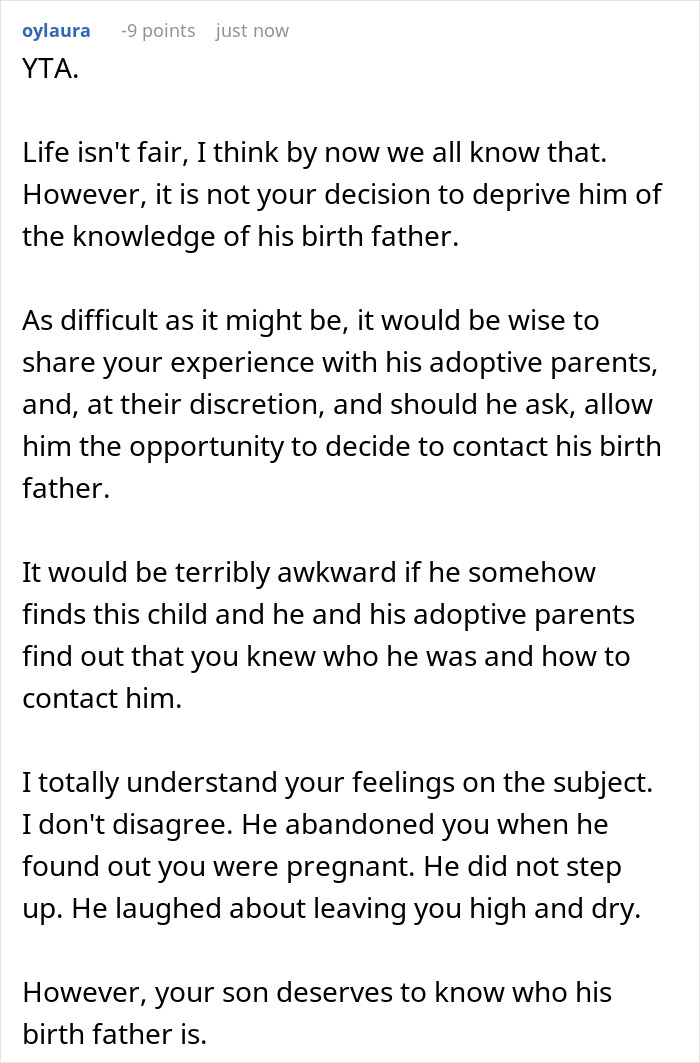 Reddit comment discussing teen guilt-tripping ex-girlfriend over giving up child for adoption.