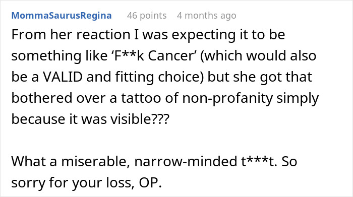 Comment discussing negative reaction to visible tattoo, expressing disapproval and sympathy for original poster.