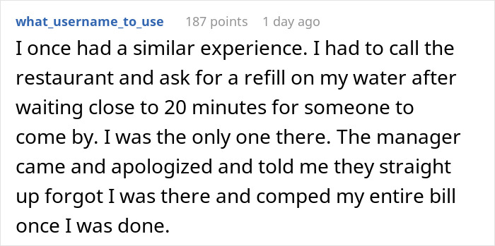 Reddit comment recounting a forgotten restaurant experience, leading to a comped bill.