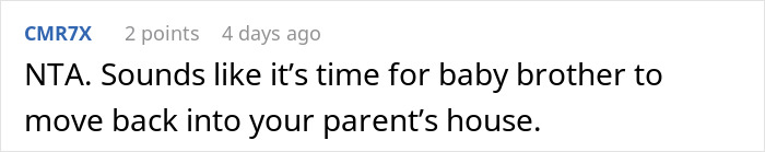 Reddit comment about a woman charging her brother rent, suggesting he move back to their parent's house.