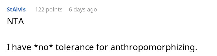 Comment on a forum saying, "NTA. I have *no* tolerance for anthropomorphizing," discussing a cat and puzzle incident.