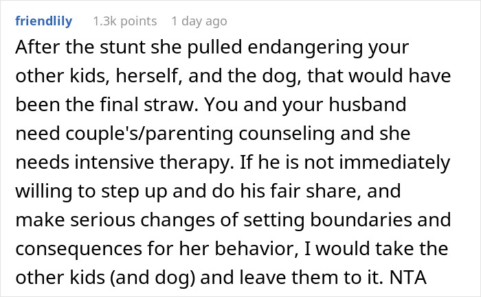 Comment discussing the husband's responsibility in parenting and therapy for the daughter after an incident.