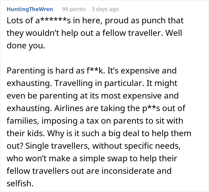 Text comment discussing refusal to swap plane seats for a dad and son to sit together.