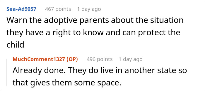 Online forum comments discuss adoptive parents' rights and notifying them about a situation.