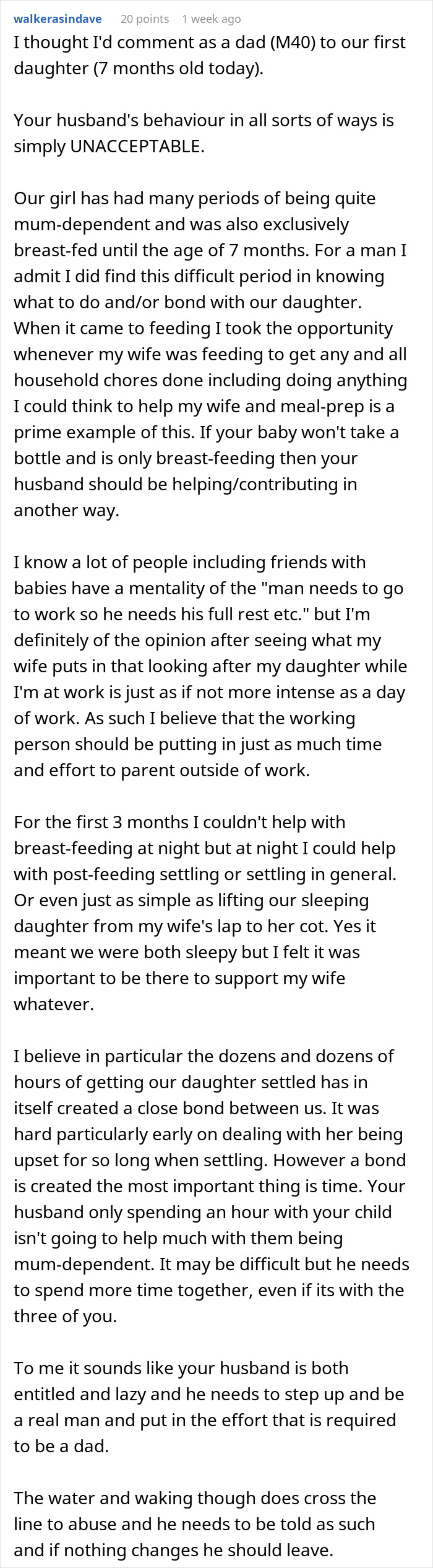 Screenshot of a Reddit post discussing a new mom feeling overwhelmed by her husband's inconsiderate behavior towards parenting.