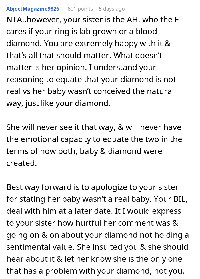 Comment discussing baby and diamond comparison in relation to a sister's dispute.