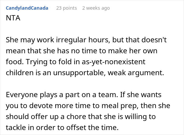 Reddit comment discussing vegetarian wife upset over husband's refusal to prepare meat-free meals.