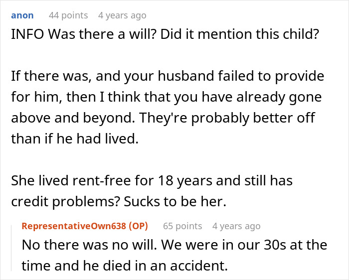 Reddit conversation about replenishing husband's affair child's fund, discussing will and financial responsibility.