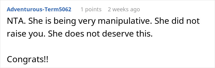 Comment discussing manipulative behavior, questioning whether mom deserves to walk her child down the aisle, ending with "Congrats!!