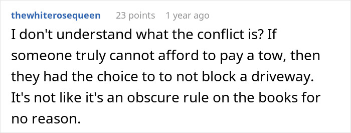 Image of a Reddit comment discussing car-blocked driveway issues and the consequences of towing.