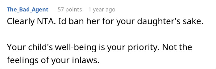 Reddit comment supporting mom defending daughter against child's grandmother, prioritizing child's well-being.