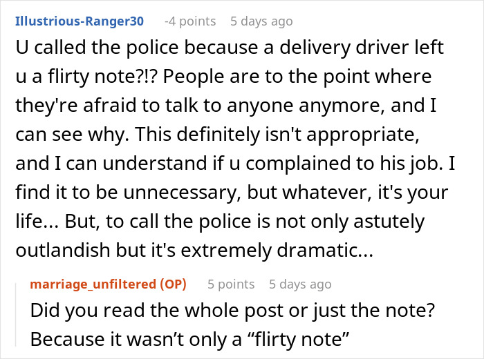 Reddit discussion about calling police over an Amazon driver's note, questioning its appropriateness and necessity.