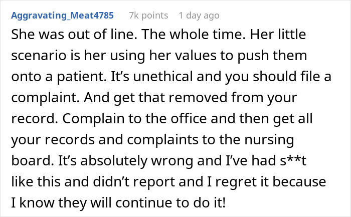 Reddit comment criticizing a nurse's behavior during a hysterectomy appointment, suggesting filing a complaint.