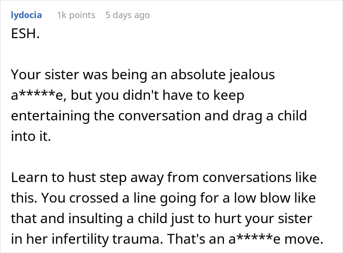 Reddit comment criticizing a sibling for insulting their sister and her baby. Keywords: sister, baby, conversation.