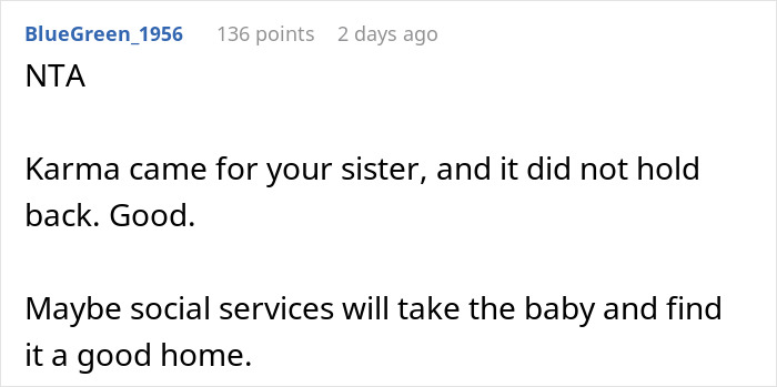 Comment about a woman left homeless after affair, discussing karma and social services for a child.