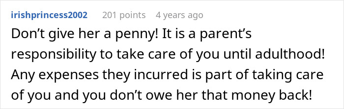 Text comment on toxic mom demanding child's inheritance, emphasizing parental responsibility.