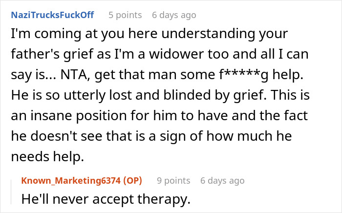 Reddit exchange discussing dad grief and refusal of therapy after losing a child.