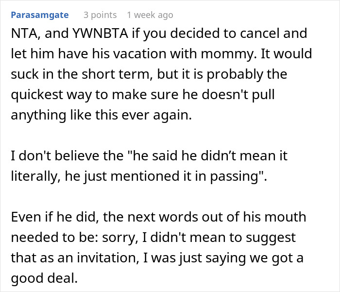 Text comment discussing MIL joining son and DIL’s vacation unexpectedly.