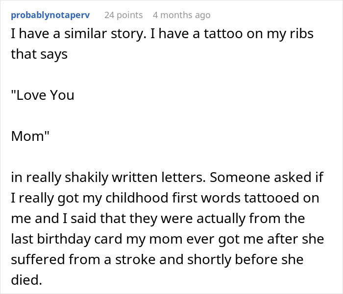 Text conversation on tattoo, mentioning it's actually from a mother's last card after a stroke.