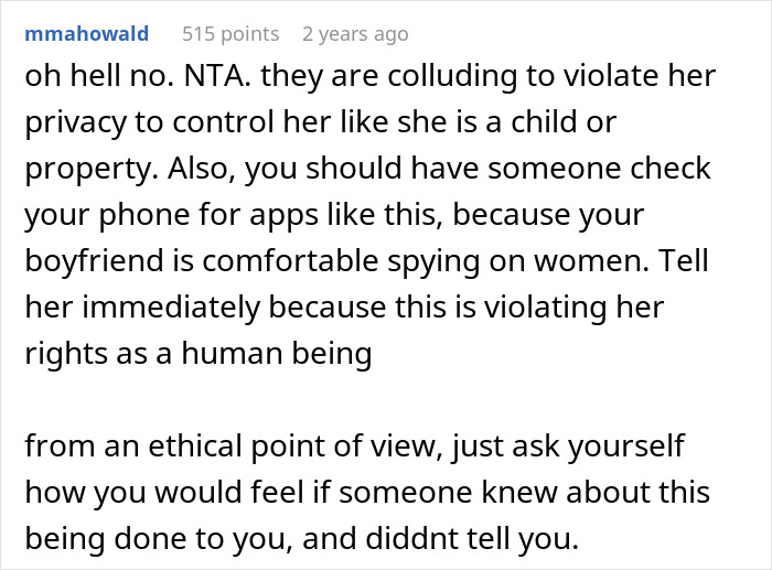 Reddit comment discussing privacy violation and spying, emphasizing ethical concerns.