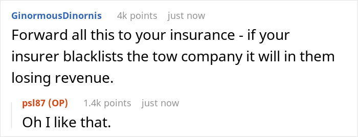 Reddit comment about dealing with a towing company threatening to dump a car, suggesting notifying insurance.