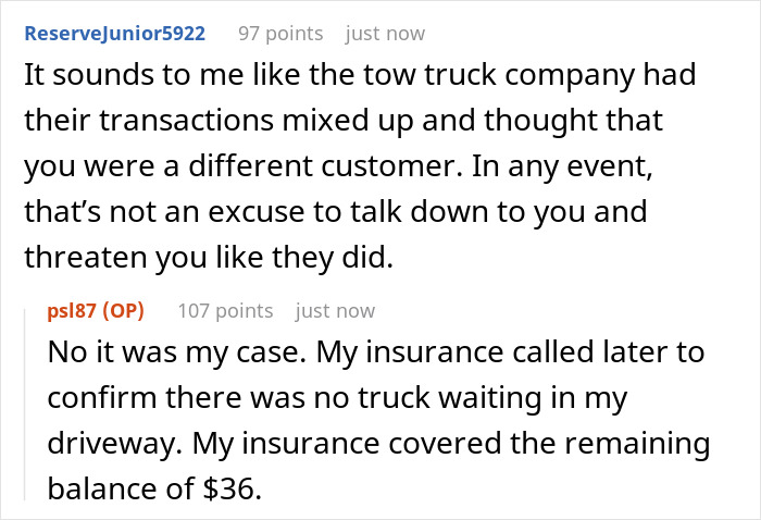 Text exchange discussing a towing company's mistake and the $36 payment issue.