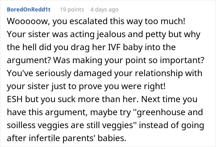 Reddit comment discussing an argument about IVF and family relationships.