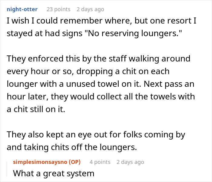 Text exchange about a resort's "No reserving loungers" sign and policy, considered a great system for handling selfish behavior.