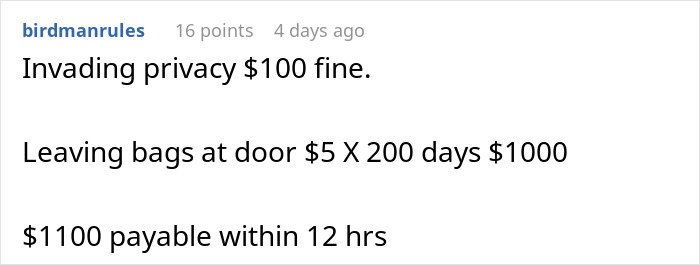 Roommate fines list: $100 for privacy invasion, $1000 for bags at door; total $1100 due in 12 hours.