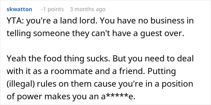 Comment discussing landlord and roommate food issues.