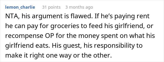 Comment discussing a girlfriend eating roommates' food, suggesting it's the boyfriend's responsibility.