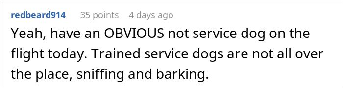 Text comment about service dog behavior on a flight, highlighting skepticism regarding an untrained dog.