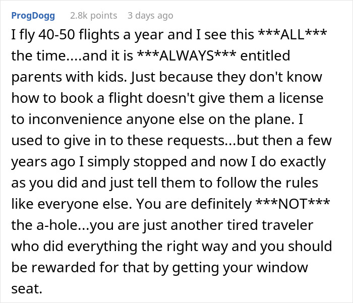 Text post about flights and refusing entitled parents' requests on planes.